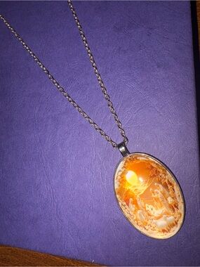 Silver-Tone Necklace with Orange Cameo Oval Pendant